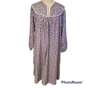 LANZ OF SALZBURG GOWN INTIMATES WHITE BLUE RED COTTON FLANNEL EYELET SIZE L